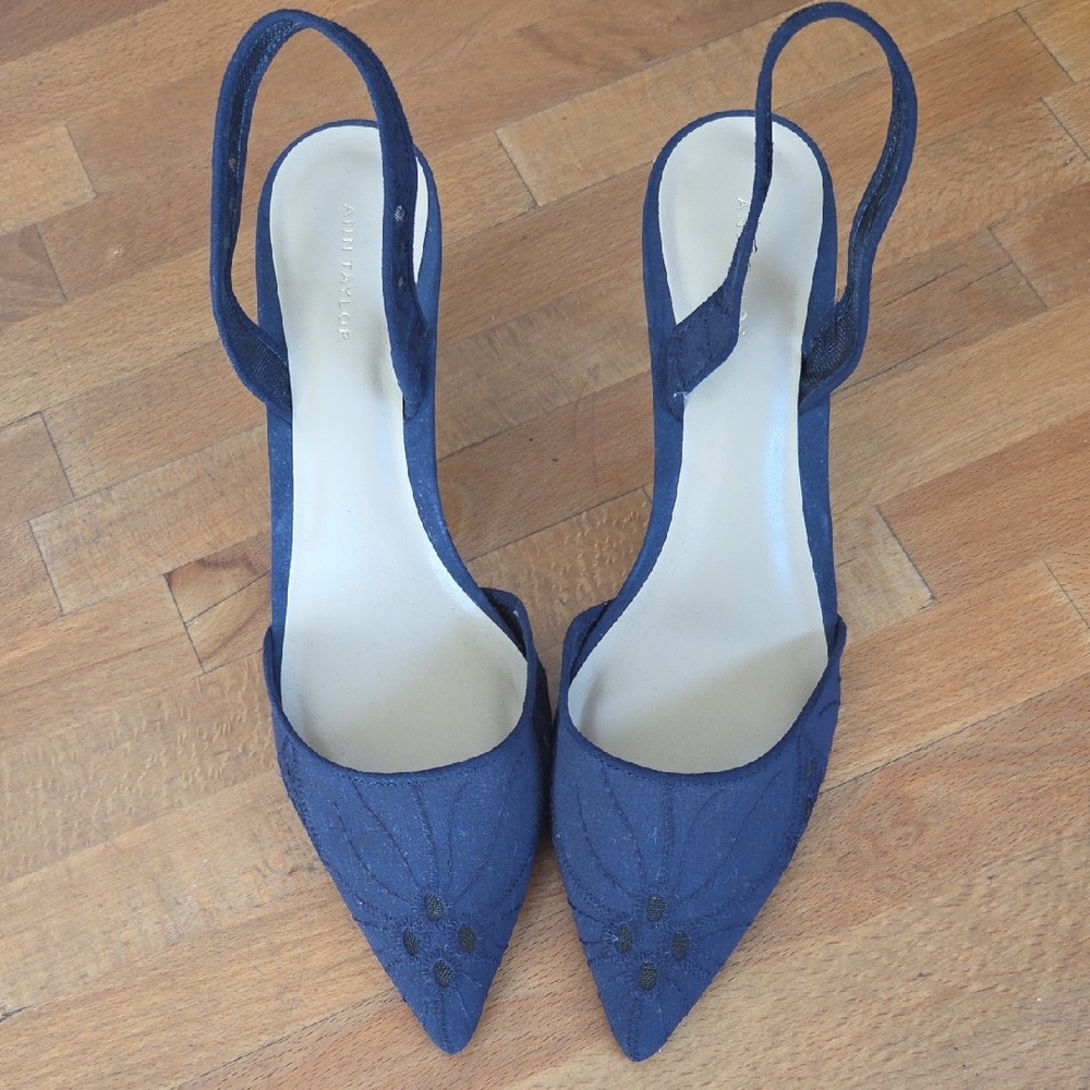 Ann Taylor Navy Pointed-Toe Slingback Pumps with Subtle Embroidery